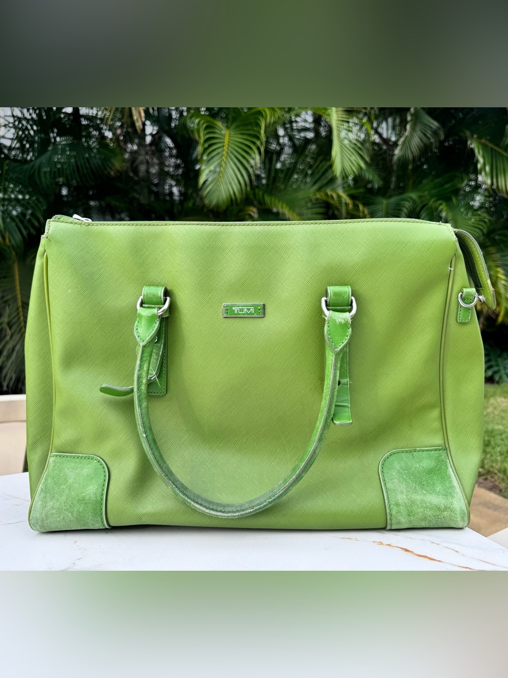 Tumi Lime Green Leather Tote with Suede Accents